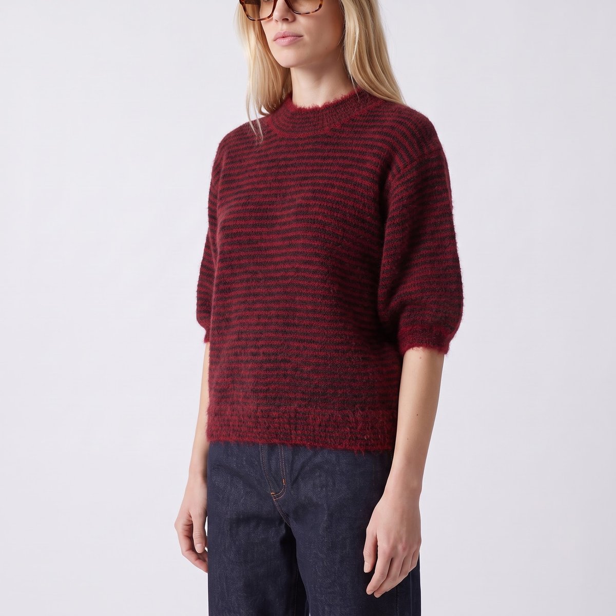 Pull femme manches ballon chiné rayé MARERIE red, ARTLOVE