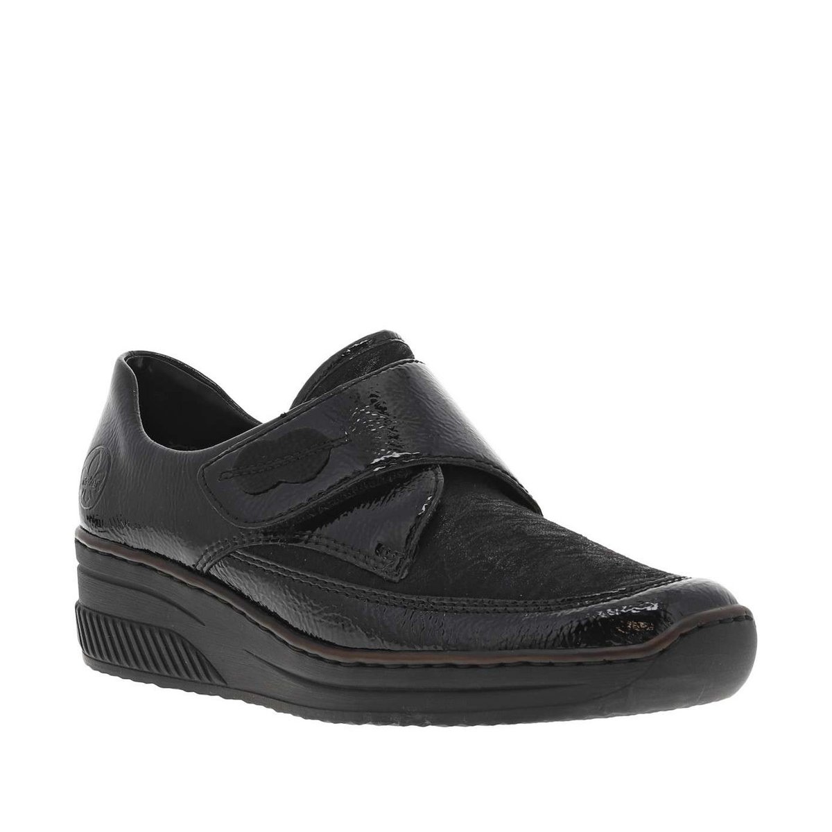 Sneakers noires vernies à talon compensé bas et à bande auto-agrippante noires vernies, RIEKER