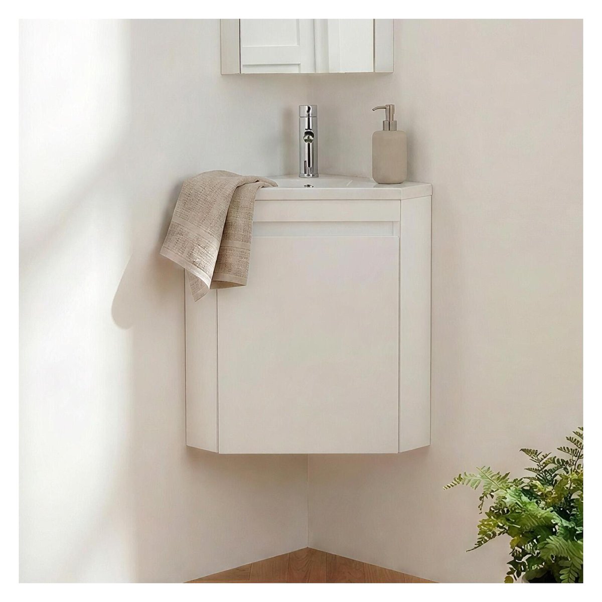 Ensemble lave-mains d'angle suspendu, vasque résine et robinet chromé LISA blanc satiné, MOB IN