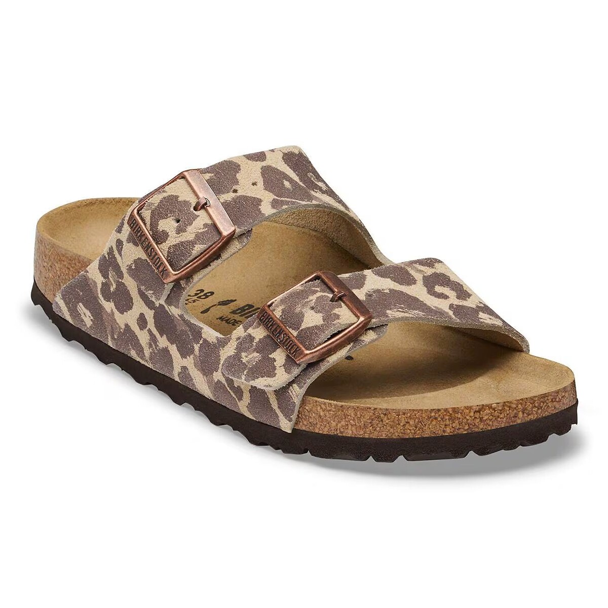 Mules doubles brides en cuir suédé Arizona Rivet imprimé léopard, BIRKENSTOCK