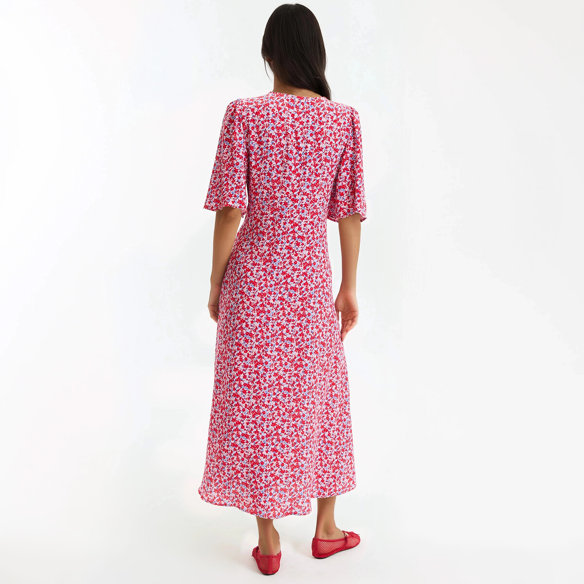 Robe évasée, imprimé floral, longue, manches courtes imprimé fleuri rose, LA REDOUTE COLLECTIONS