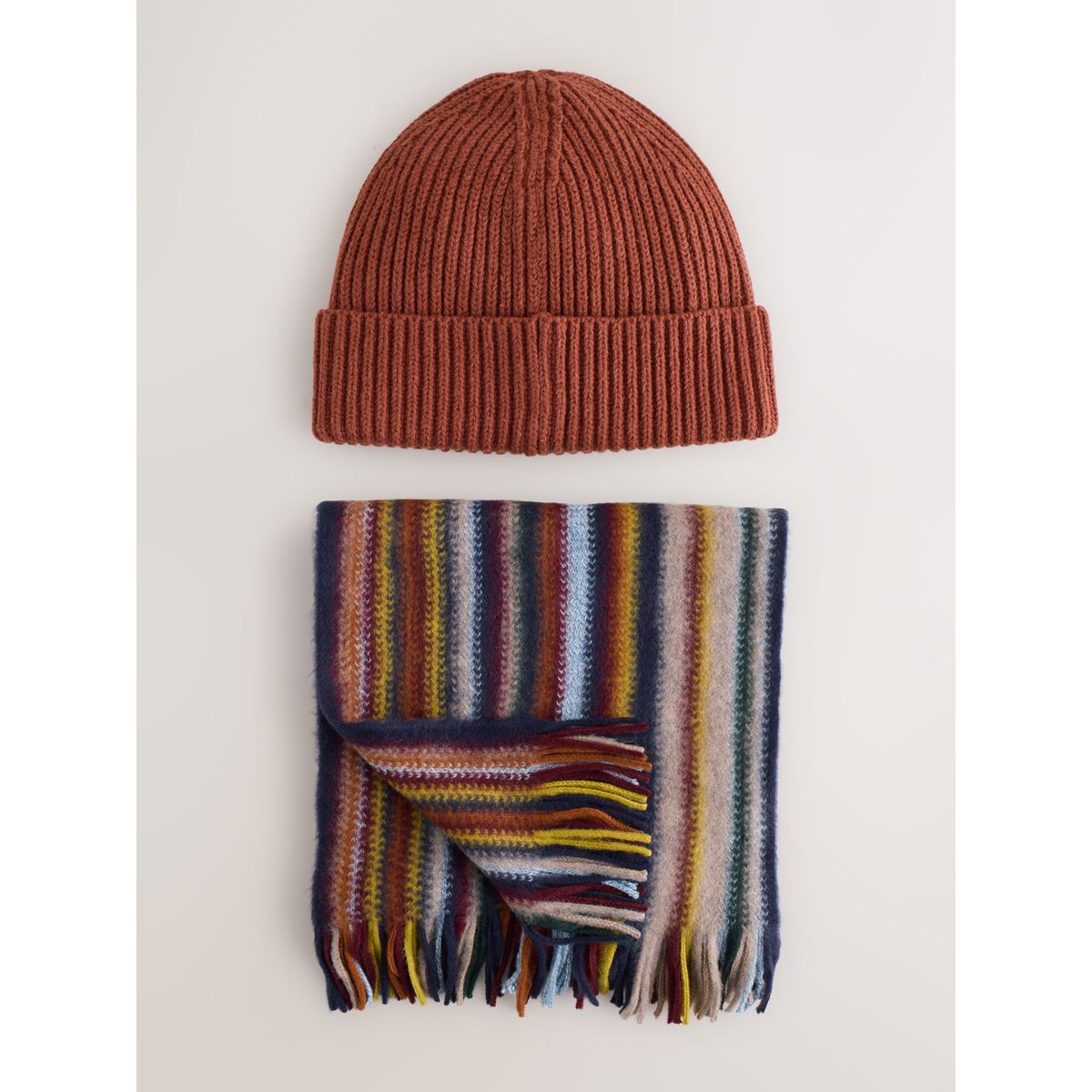 Écharpe et bonnet assortis rayures orange / multicolores, NEXT