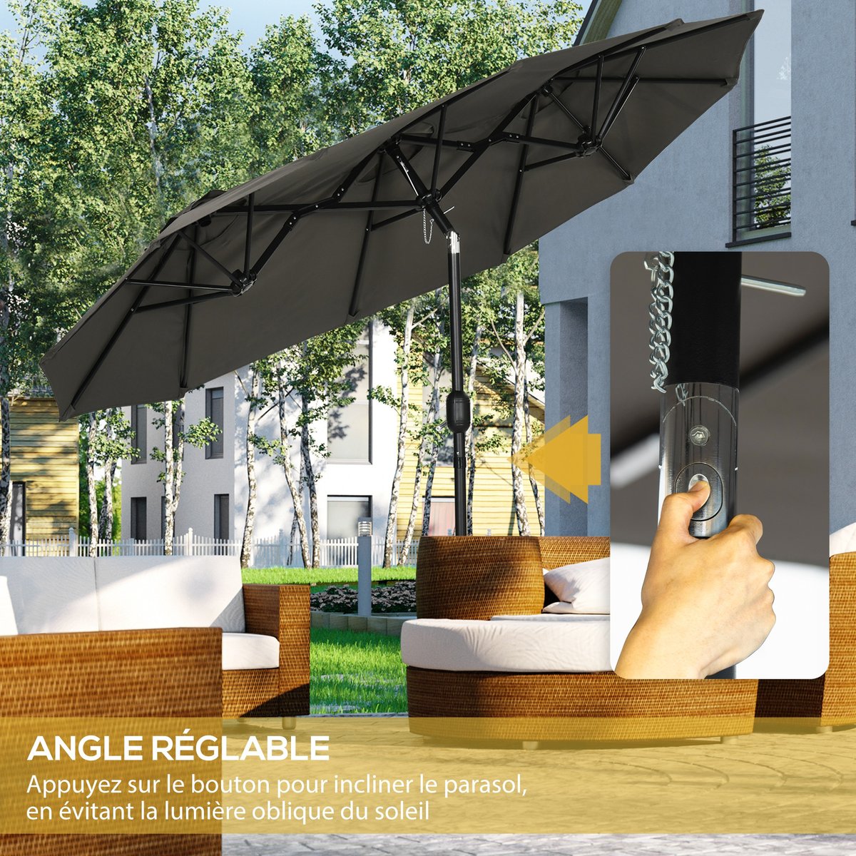 Parasol de jardin XL manivelle acier polyester haute densité gris, OUTSUNNY