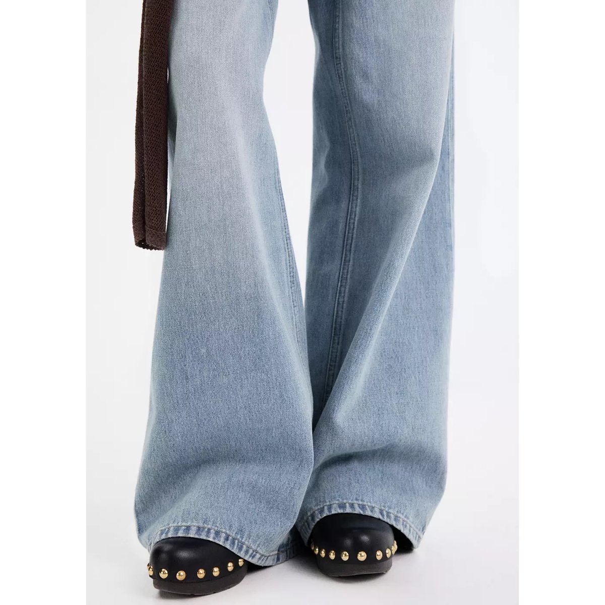 Jean wide leg à taille effilochée bleu moyen, MANGO