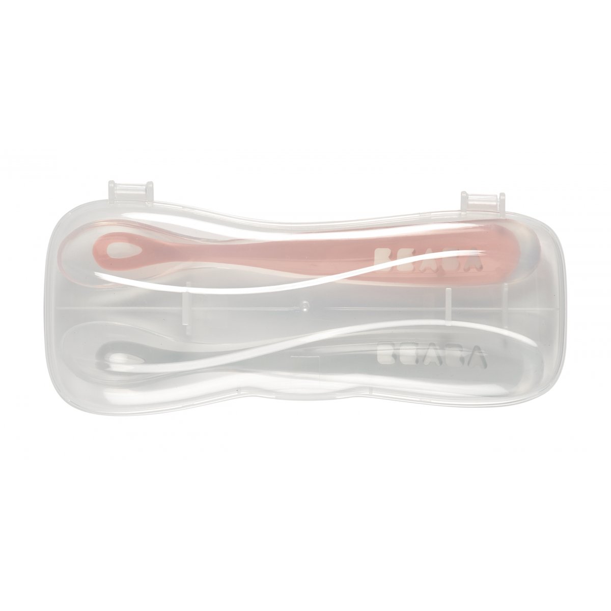 Lot 2 cuillères 1er âge silicone avec boite de transport barbe à papa guimauve, BEABA