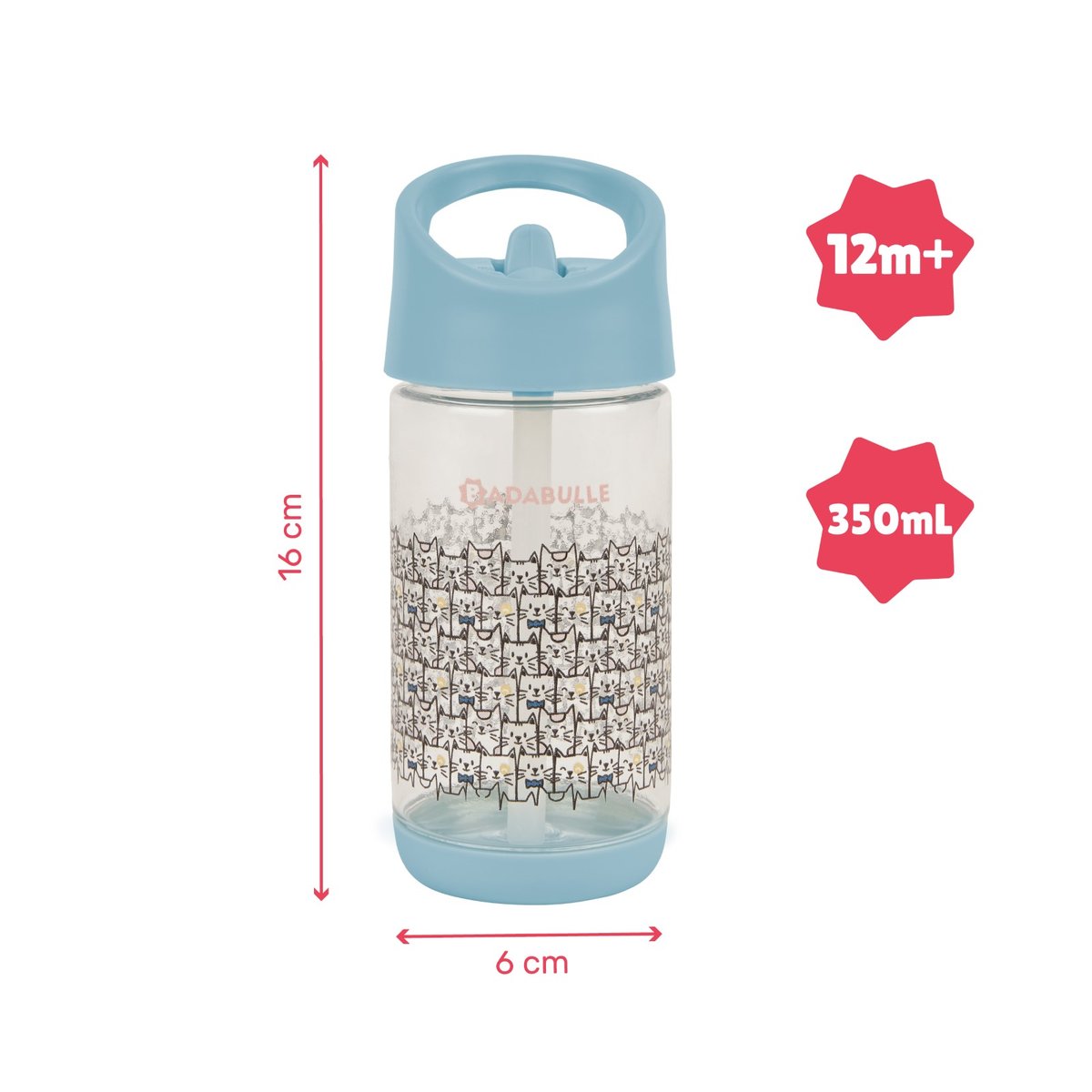 Gourde enfant à paille anti-fuite transparent, BADABULLE