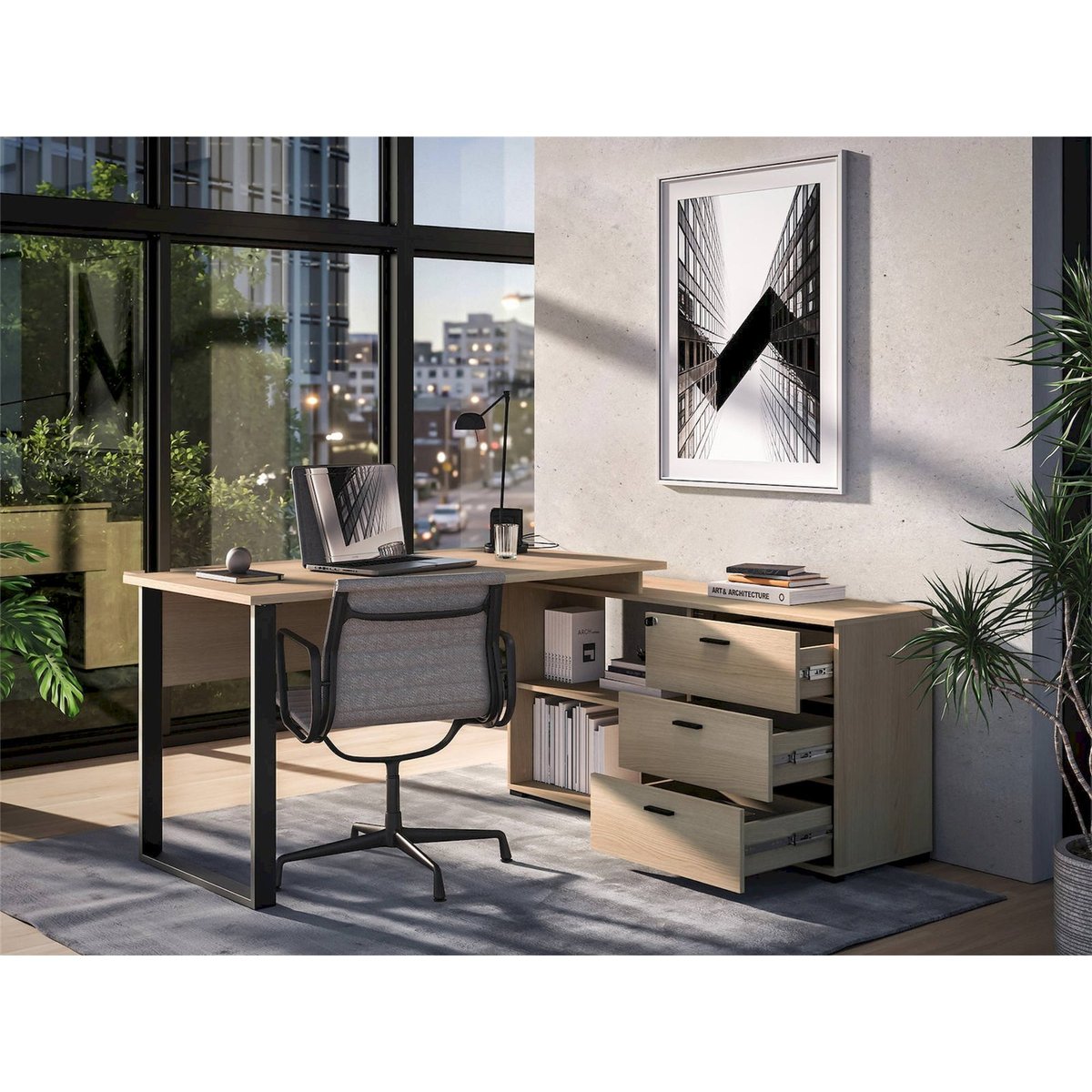 Bureau d'angle avec caisson 3 tiroirs ODELIS chêne lindberg et noir, RECOLLECTION