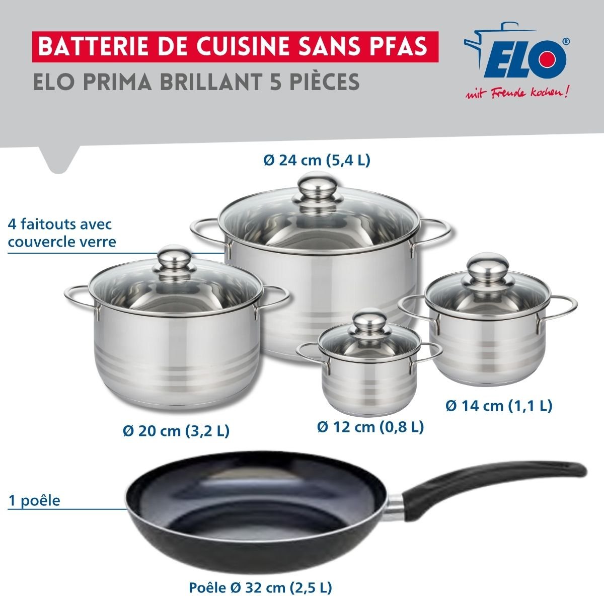 Batterie 1 poêle 32cm + 4 faitouts 12/14/20/24cm PRIMA BRILLANT noir, ELO