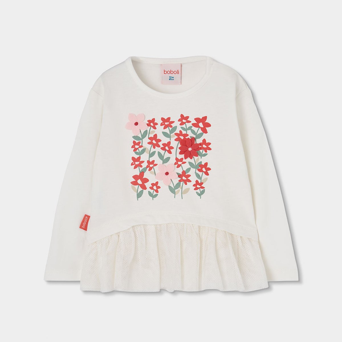 T-shirt en maille fille imprimé fleurs tulle blanc, BOBOLI