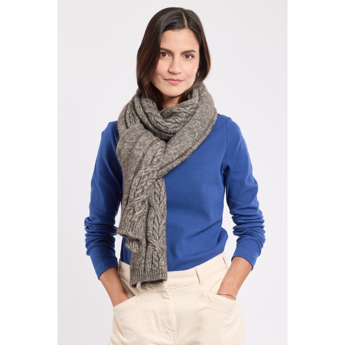 Echarpe avec torsades en coton et laine noir mélangé, ARMOR-LUX