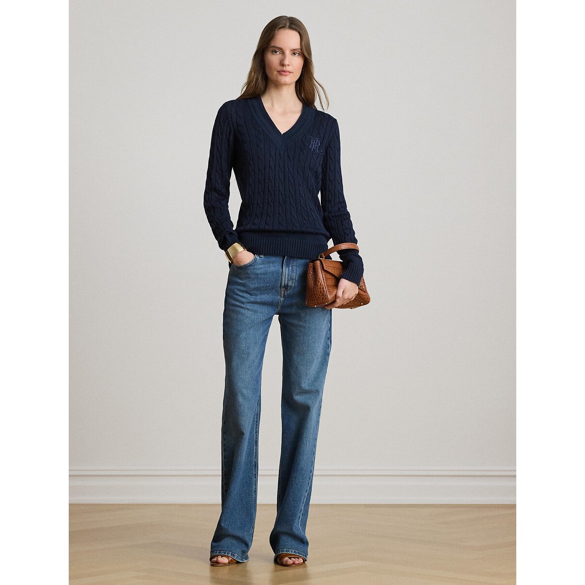 Maglione a trecce scollo a V MEREN blu marino, LAUREN RALPH LAUREN