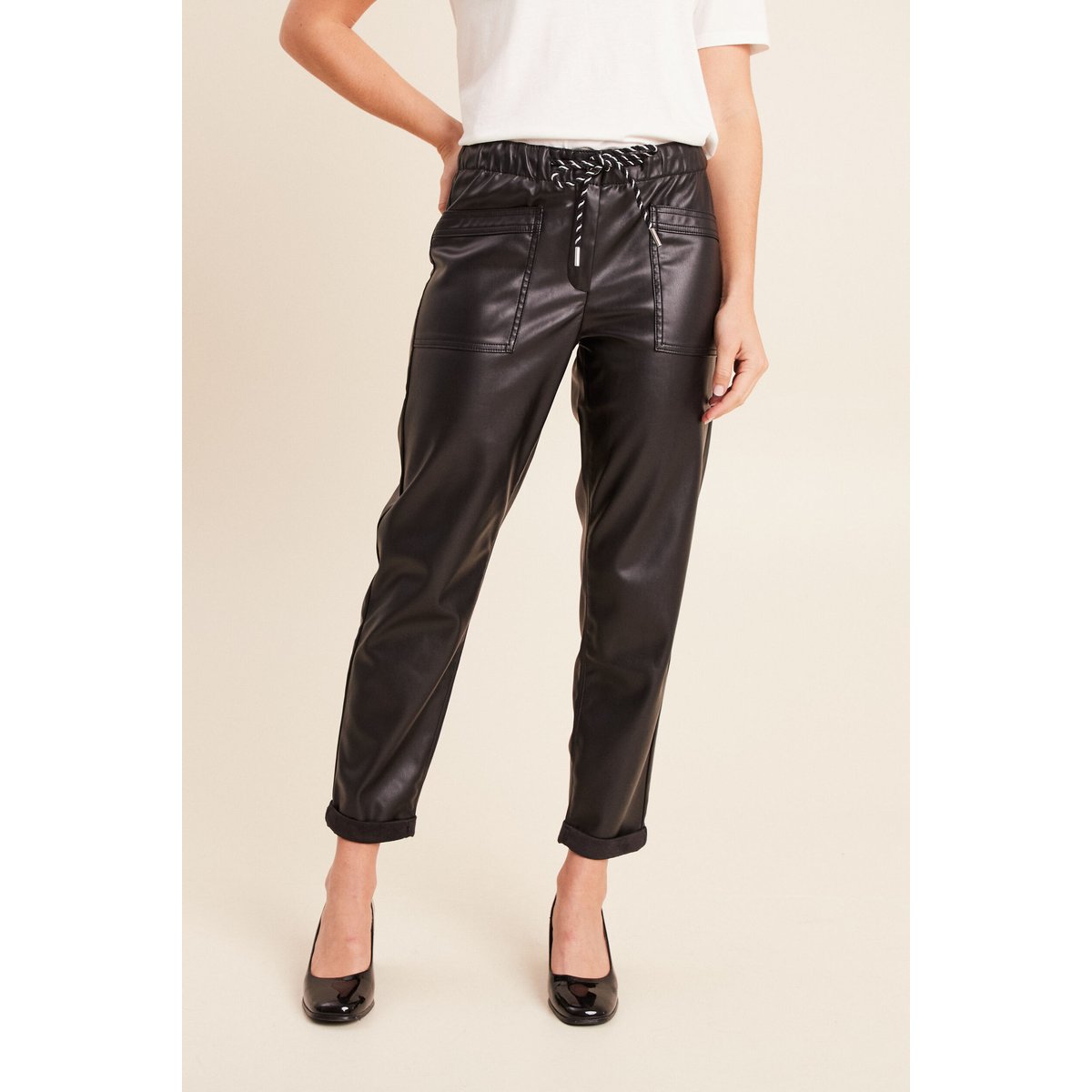 Pantalon paperbag simili cuir noir, BREAL