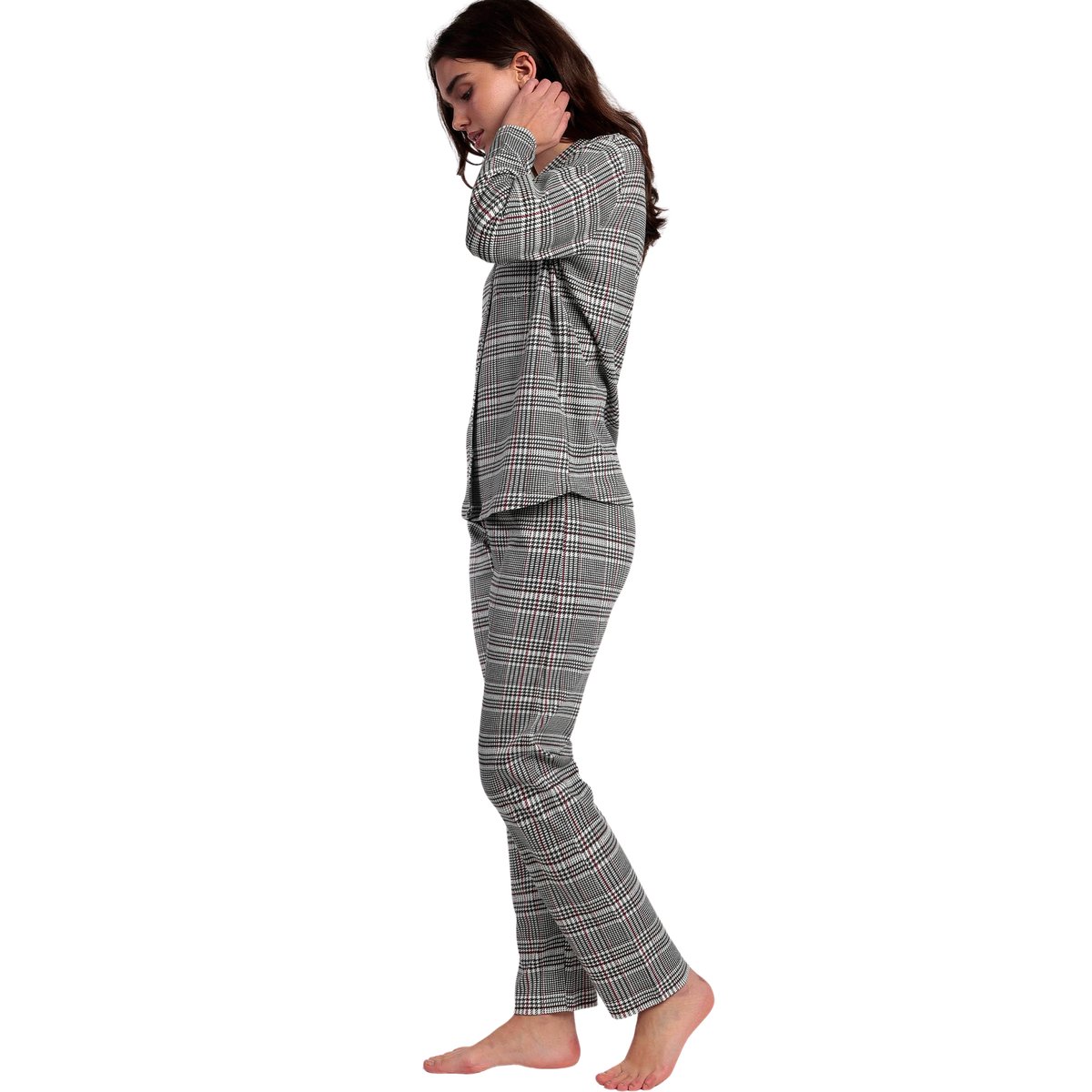Pyjama pantalon top manches longues Houdstooth gris, ADMAS