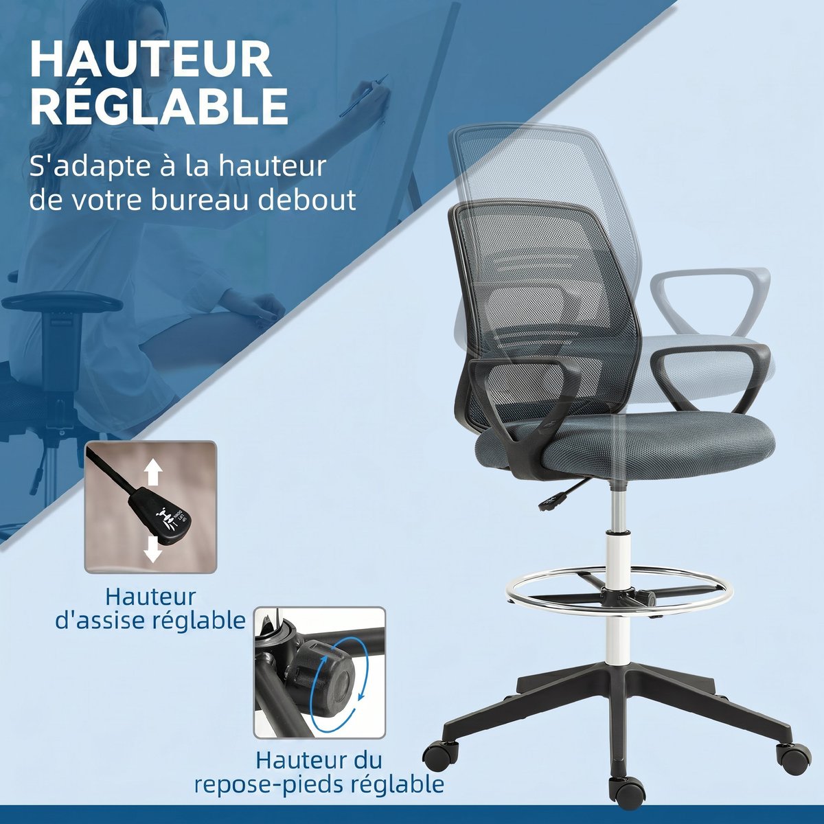 Chaise de bureau pour poste de travail debout gris, HOMCOM
