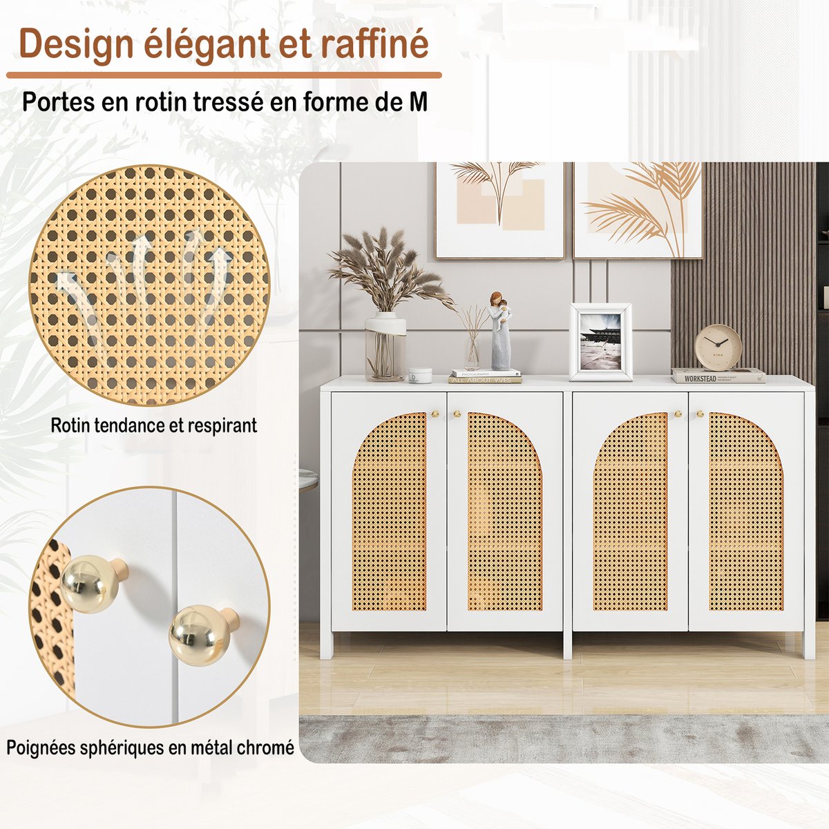 Armoire de rangement avec 4 portes et 6 couches et portes en rotin tressé, NOVAKB Armoire blanc, MEUBLES COSY