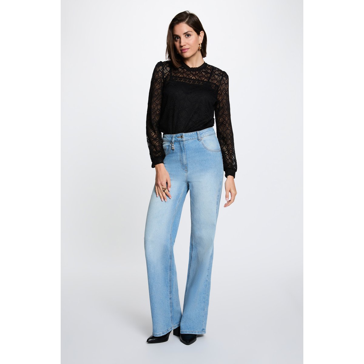 T-shirt dentelle manches longues noir, MORGAN