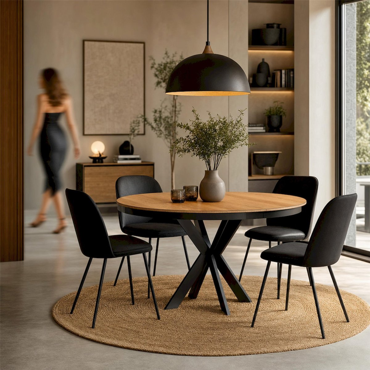 Table ronde extensible collection FONTI chêne caramel et noir, RECOLLECTION