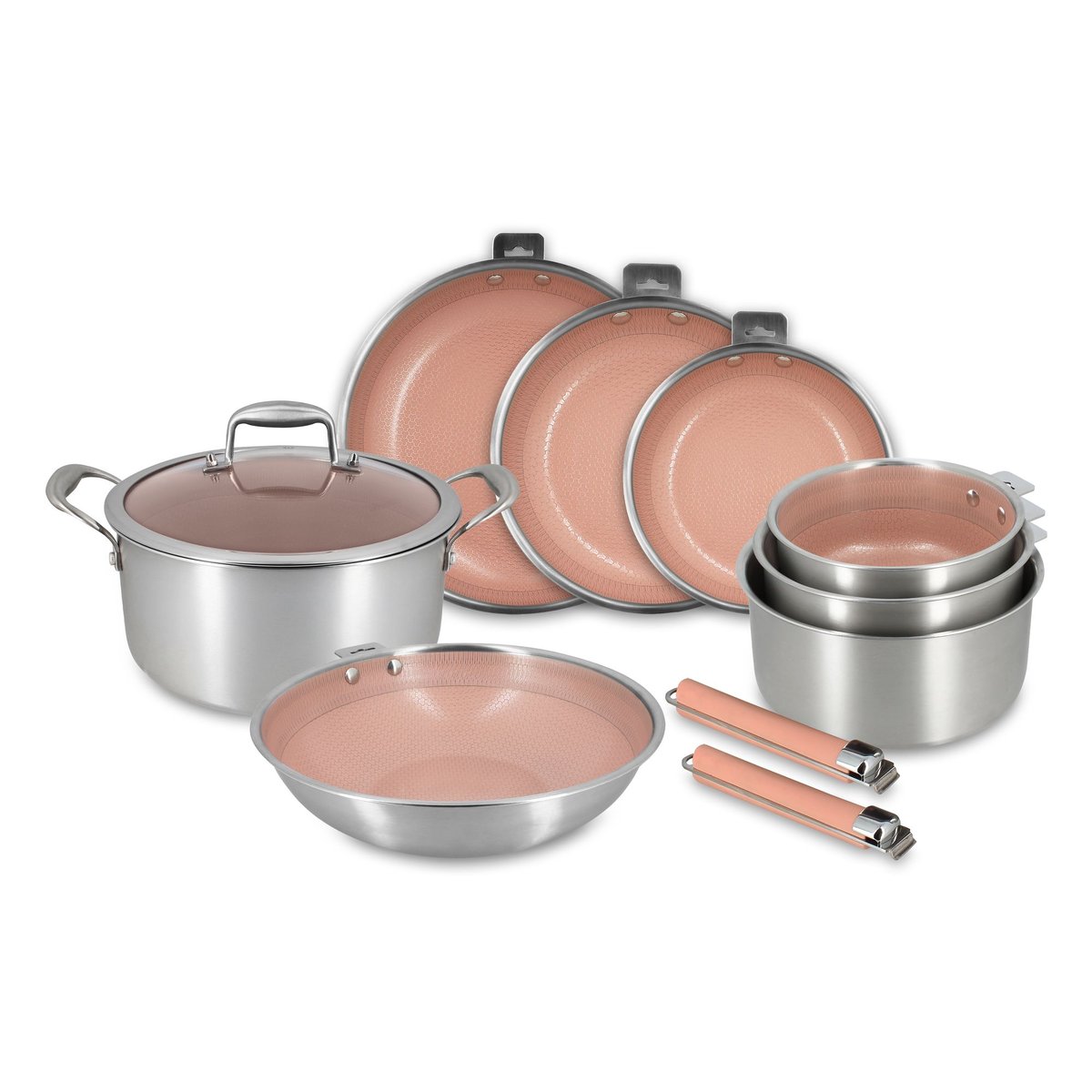 Batterie de cuisine 8 pièces en acier inoxydable avec 2 poignées, AGLAE inox-rose, MENASTYL