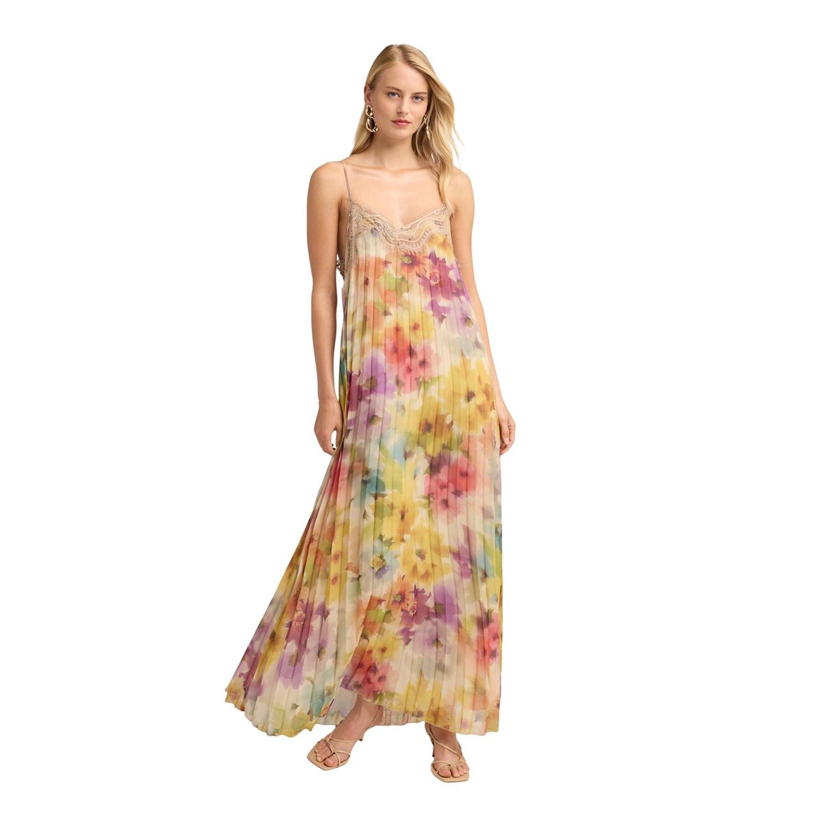 Robe longue plissée avec imprimé jaune, MOTIVI