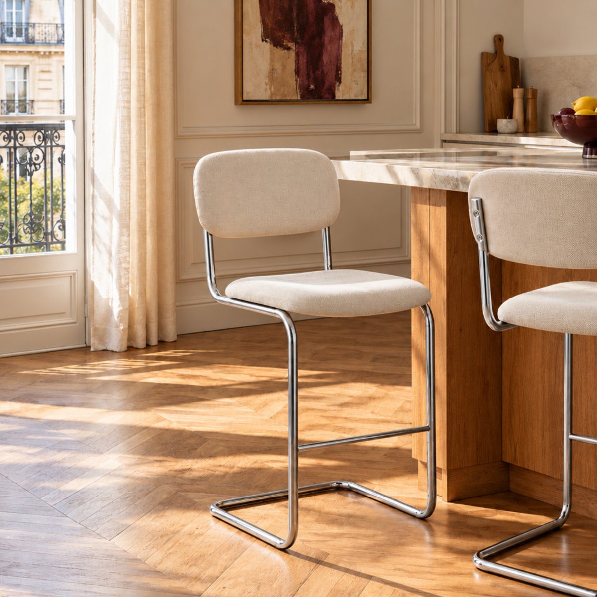 Lot de 2 tabourets de bar en tissu pieds chrome H65cm - MARCEL beige, DRAWER