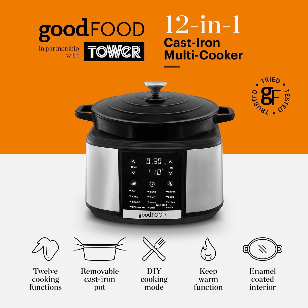 12-in-1 Cast Iron Multi-Cooker - GF16012 silver-coloured, GOOD FOOD BY TOWER