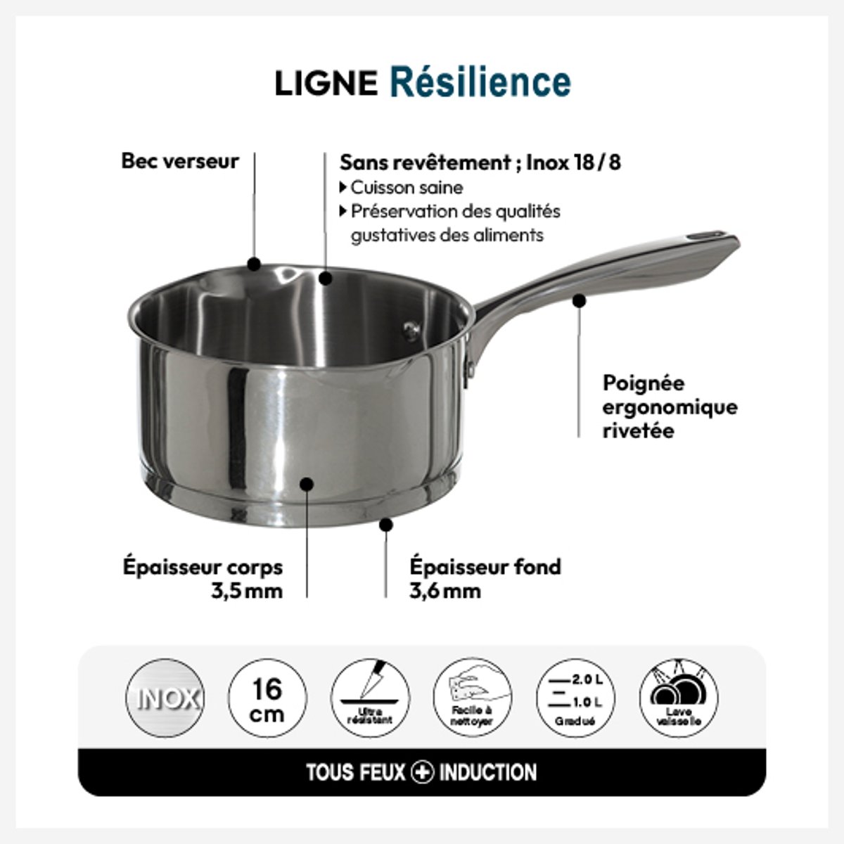 Casserole en inox 16cm avec bec verseur RESILIENCE argent, 5FIVE SIMPLY SMART