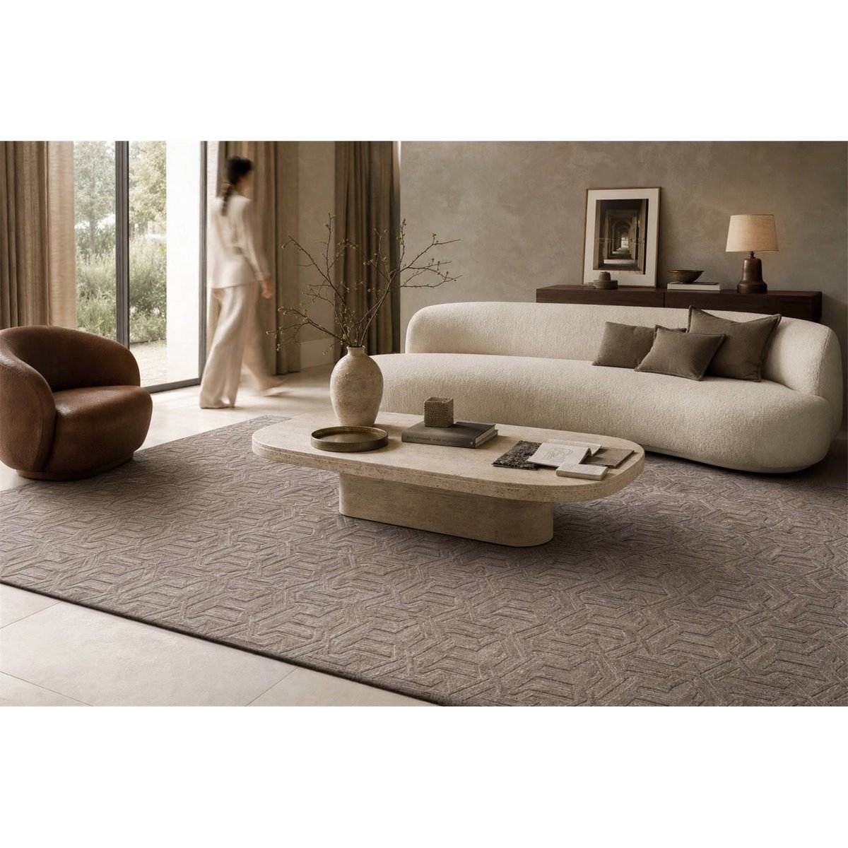 Tapis en viscose à motif géométrique en relief beige, RECOLLECTION