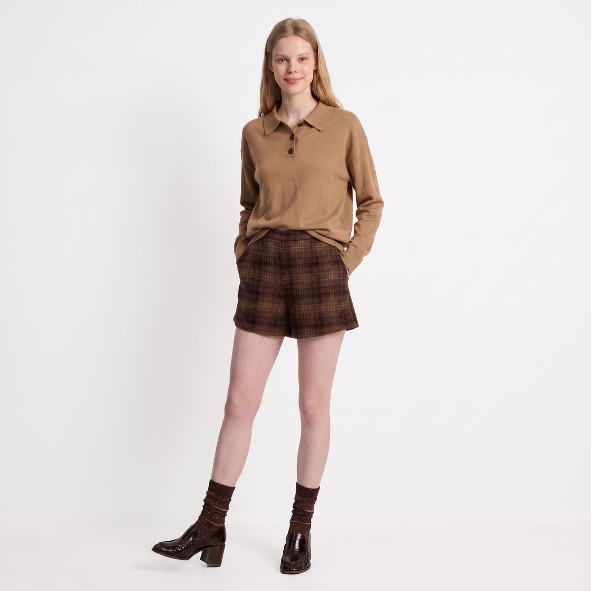 Pull coupe droite col polo boutonné maille douce FLERIE beige, ARTLOVE