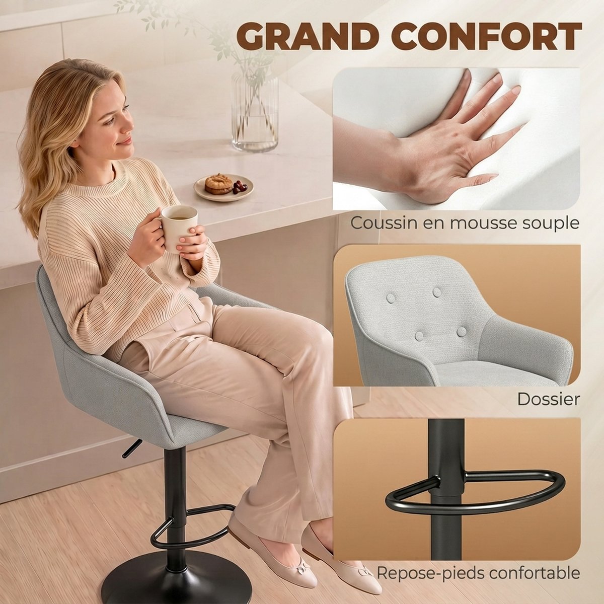 Tabouret de bar Chenille (100 % polyester) gris, noir, HOMCOM