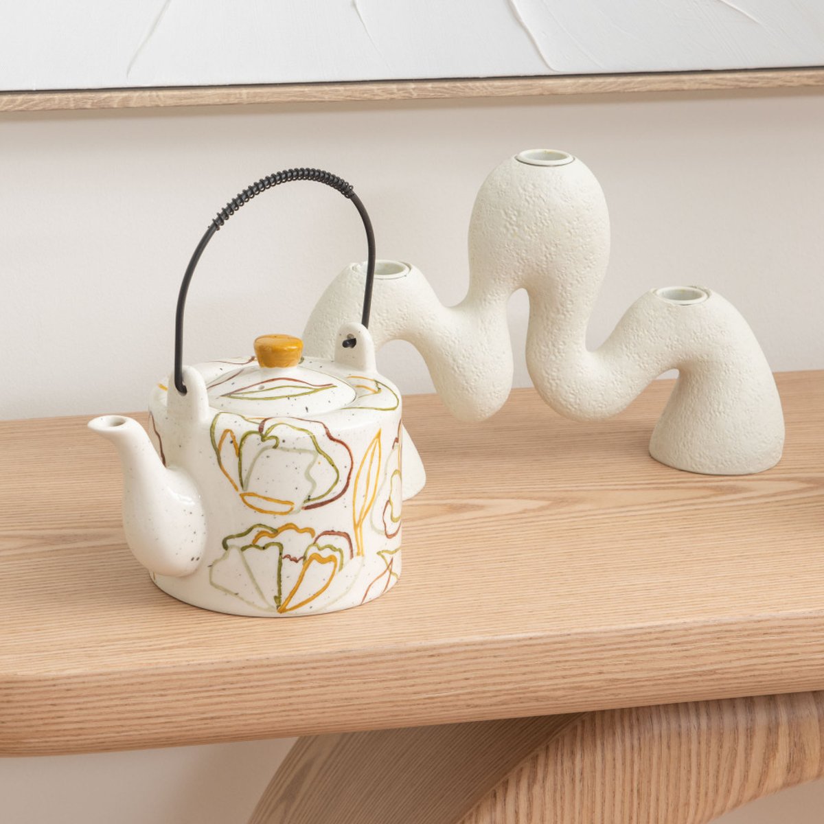 Théière infuseur Zen 75cl écru en grès décoré crème / ivoire, AMADEUS