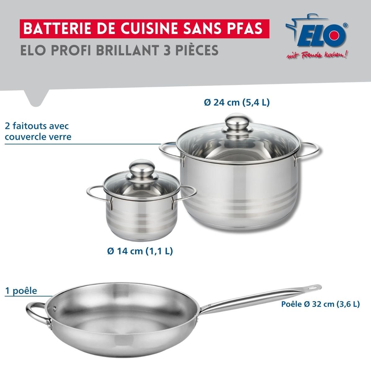 Batterie 1 poêle 32cm + 2 faitouts 14/24cm PROFI BRILLANT gris, ELO