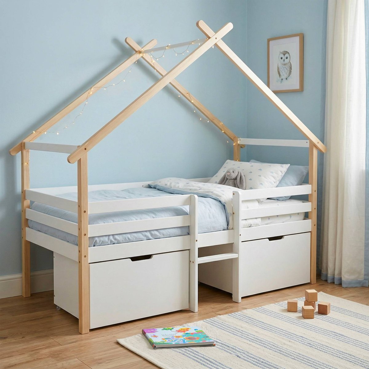 Lit cabane enfant 90 x 190 cm bois de pin sommier à lattes inclus et 2 tiroirs SIENNA blanc, SWEEEK