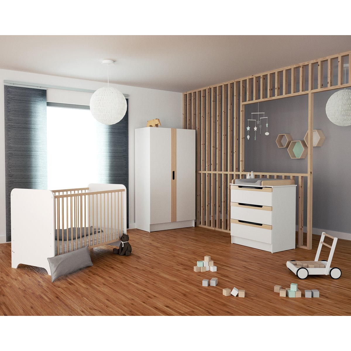 Chambre bébé lit, commode à langer et armoire en bois CARROUSEL blanc et hêtre verni, AT4