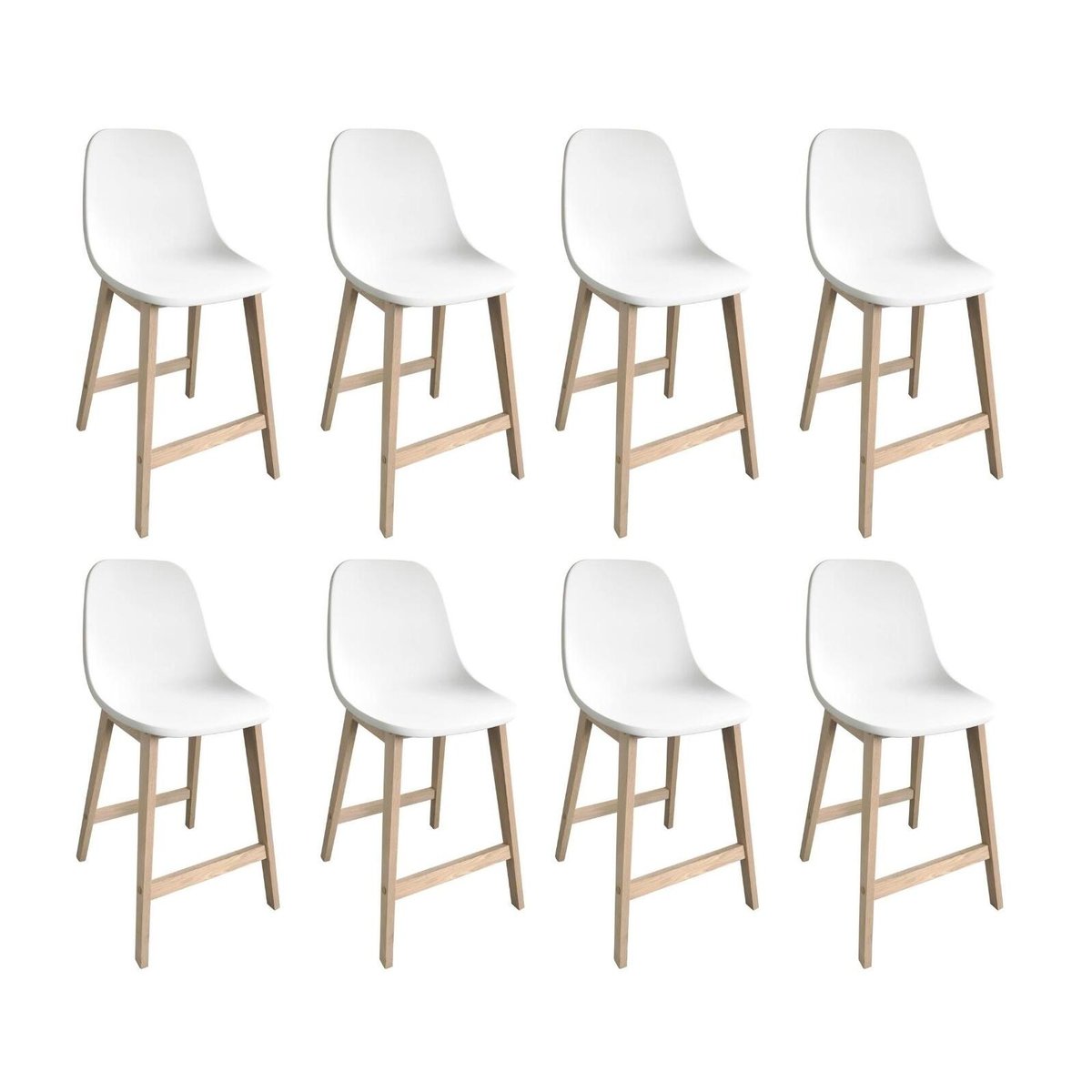Lot de chaises d'ilot et bar en chêne avec assise plastique 65cm ELIOS | Lot de 8 blanc, MOB IN