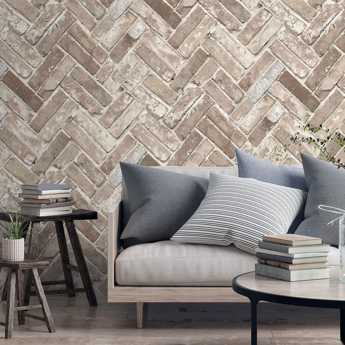 Papier peint trompe l'œil brique chevron gris, HEXOA