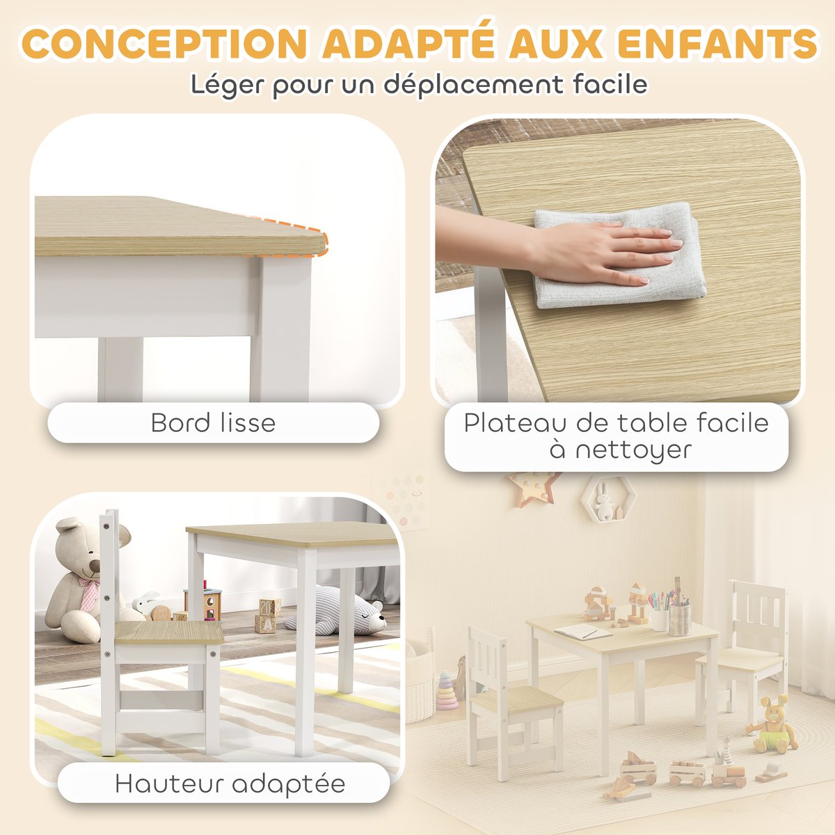 Ensemble table et chaises pour enfants MDF bois naturel, blanc, AIYAPLAY