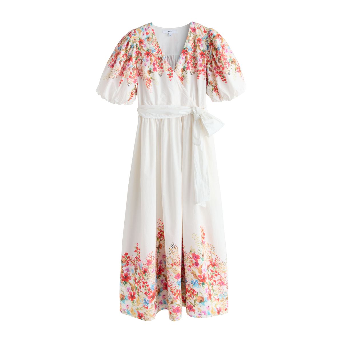 Robe mi-longue à manches bouffantes courtes imprimé floral blanc, NEXT