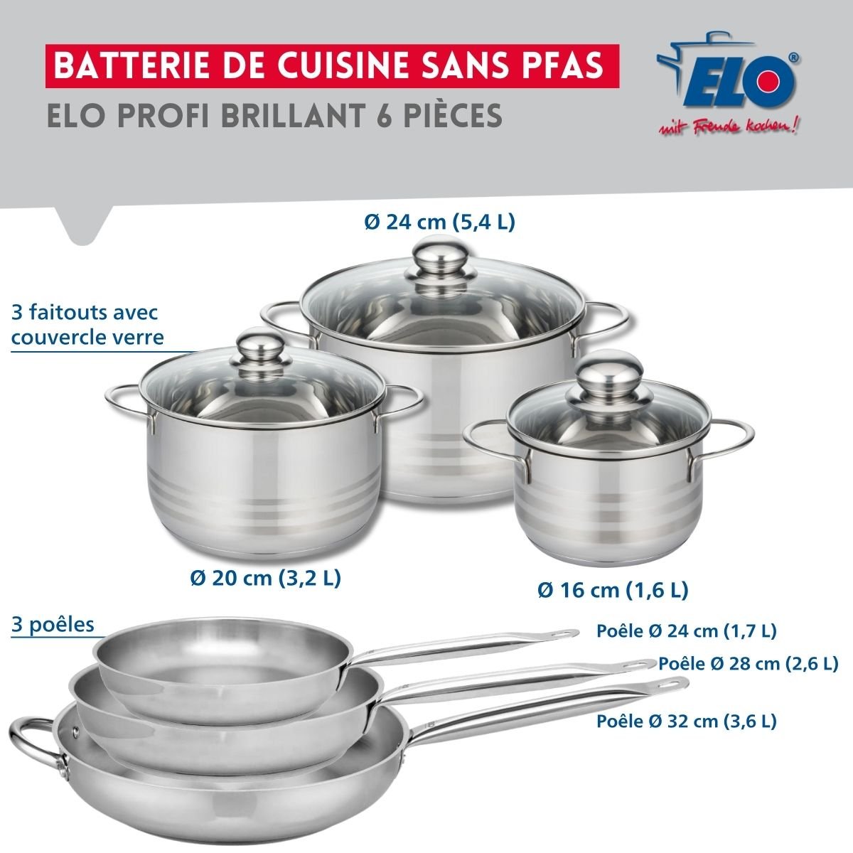 3 poêles 24/28/32cm + 3 faitouts 16/20/24cm PROFI BRILLANT gris, ELO