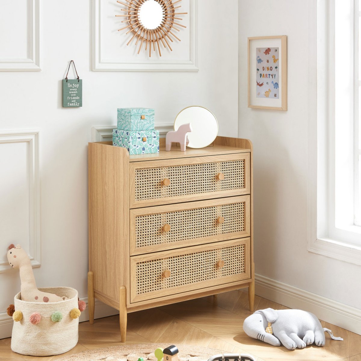 Commode enfant 3 tiroirs en bois et cannage 80cm- LILOU bois clair, DRAWER