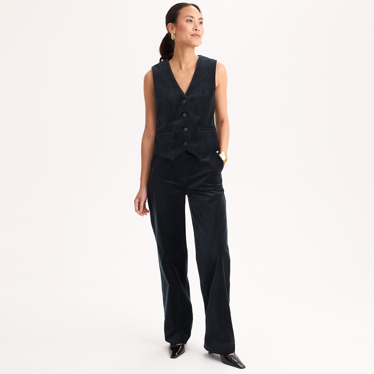 Pantalon large en velours lisse bleu marine, ANNE WEYBURN