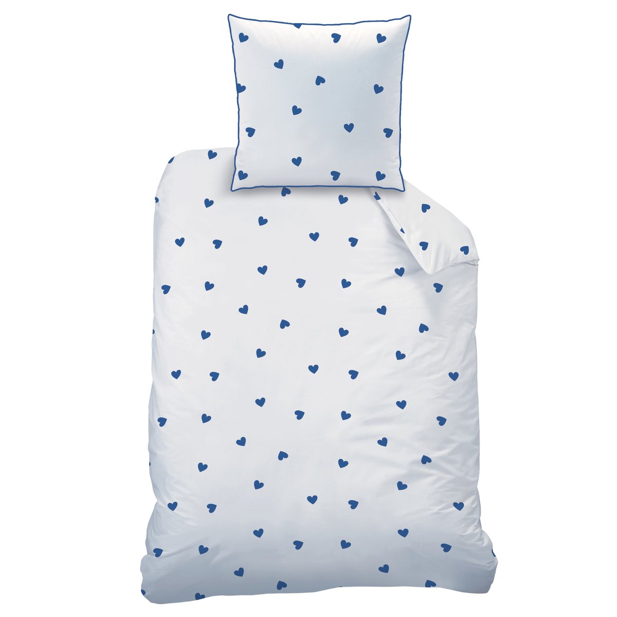 Parure de lit imprimée 100% coton, PLUIE DE COEURS blanc, bleu, MATT ET ROSE