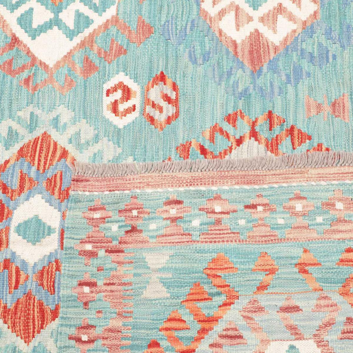 Tapis kilim géométrique, tissé à plat, en laine naturelle bleu, blanc, orange, UN AMOUR DE TAPIS