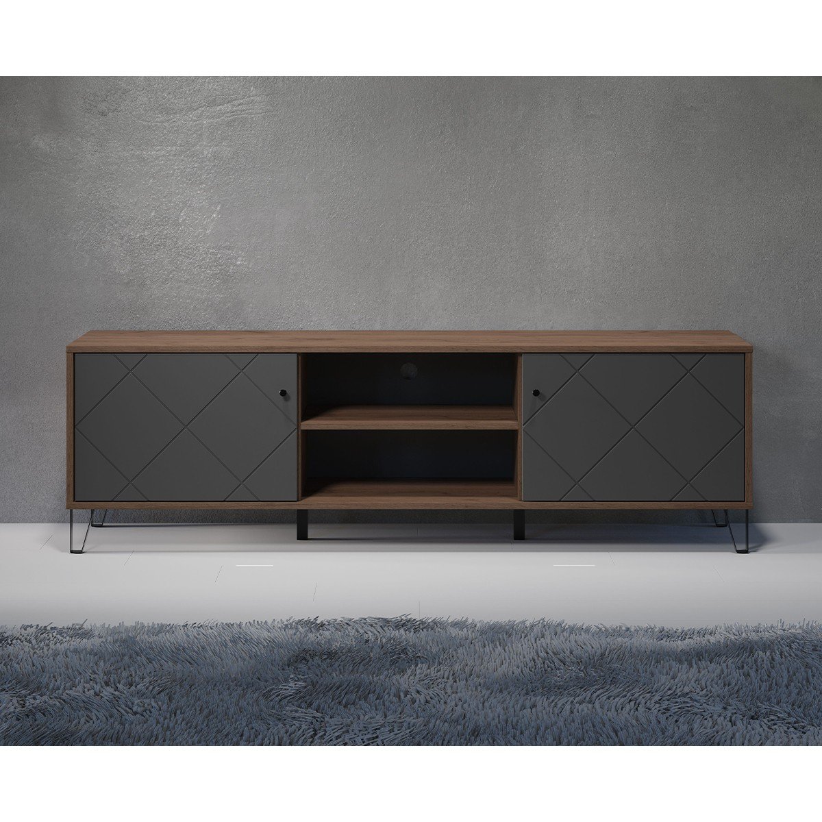 Meuble TV avec 2 portes et 2 niches L183 cm - Montez gris anthracite, CALICOSY