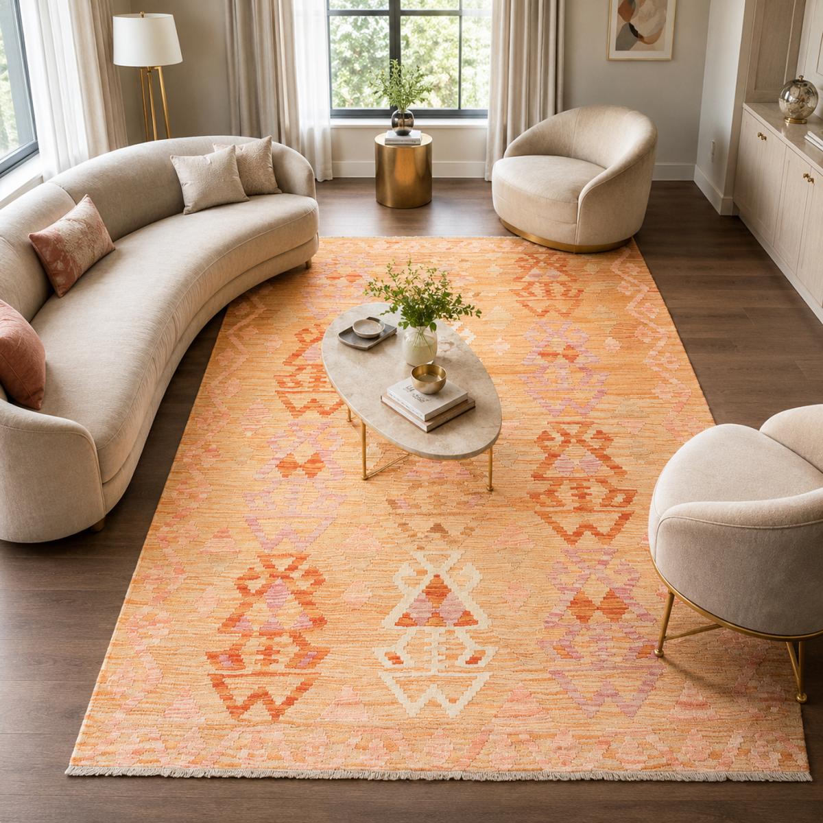 Tapis kilim au motif ethnique, tissé plat authentique, KILIM 54 orange, crème, rose, UN AMOUR DE TAPIS