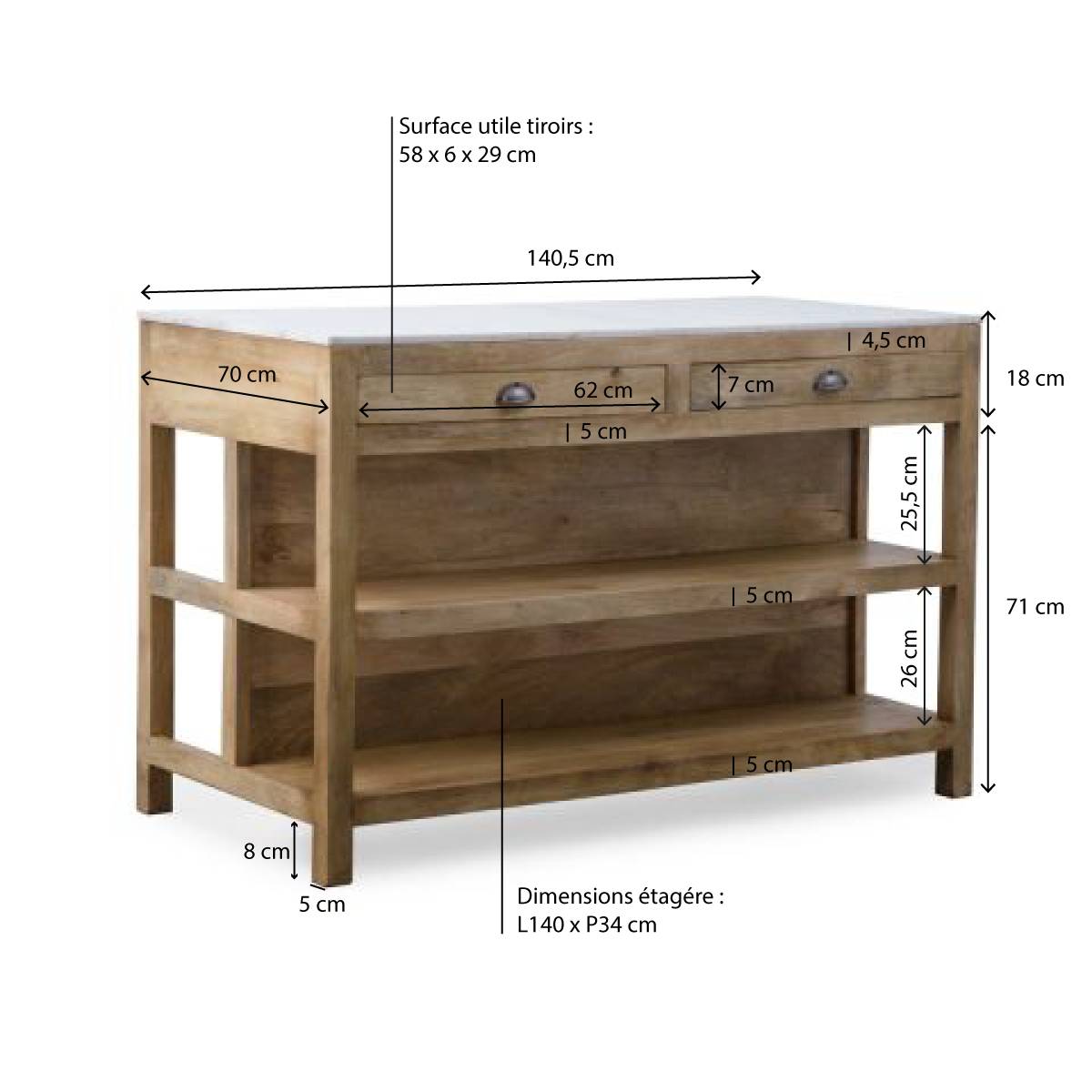 Îlot central en bois de manguier LOUISA blanc, MADE IN MEUBLES