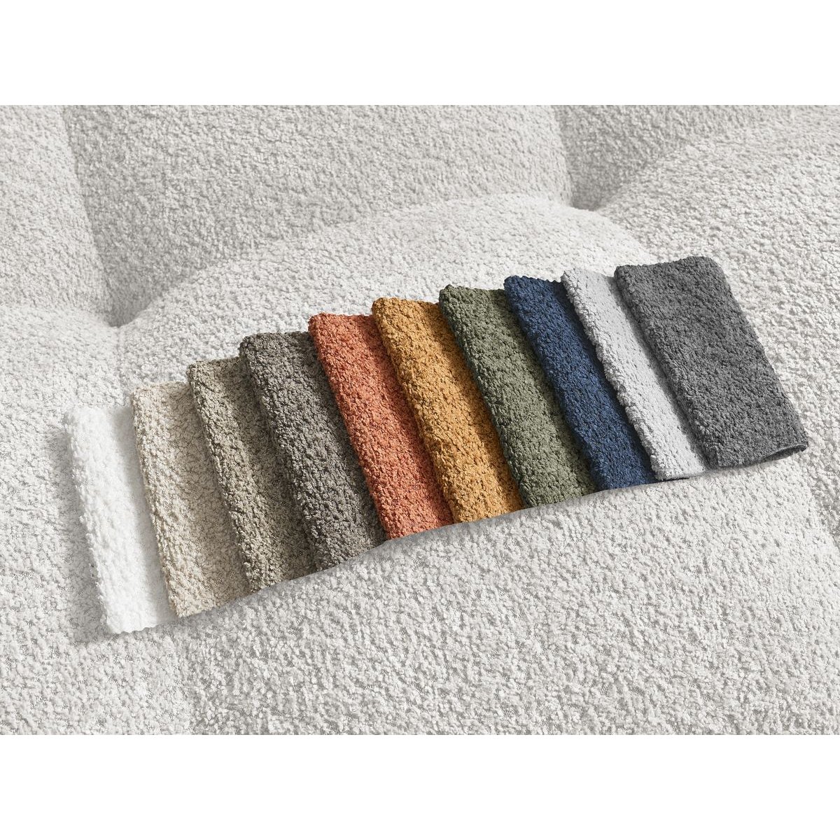 Canapé d'angle convertible 5 places en tissu bouclette avec pouf, ANAKIN blanc, BOBOCHIC