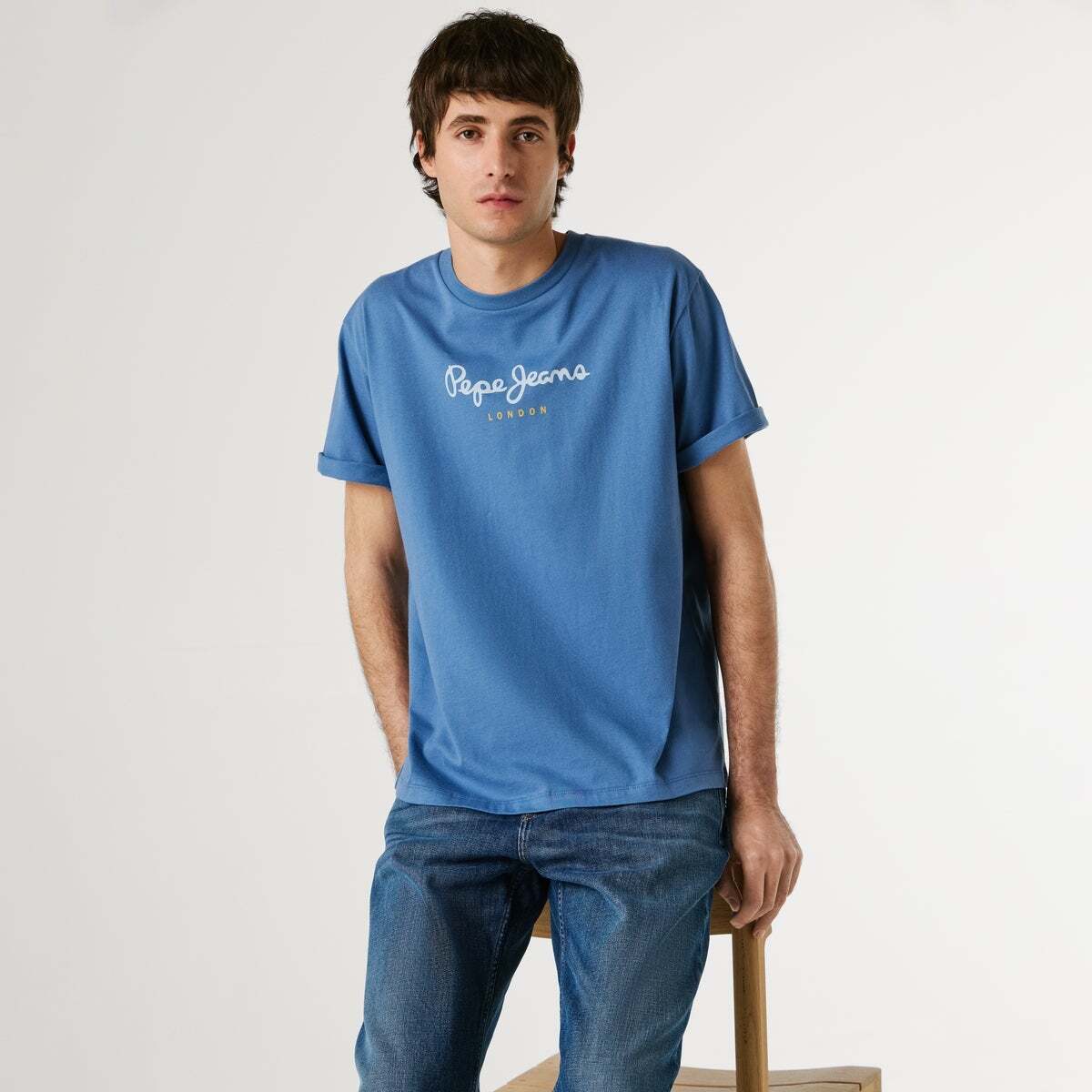 T-Shirt Coupe Regular Avec Logo Imprimé bleu marine délavé, PEPE JEANS