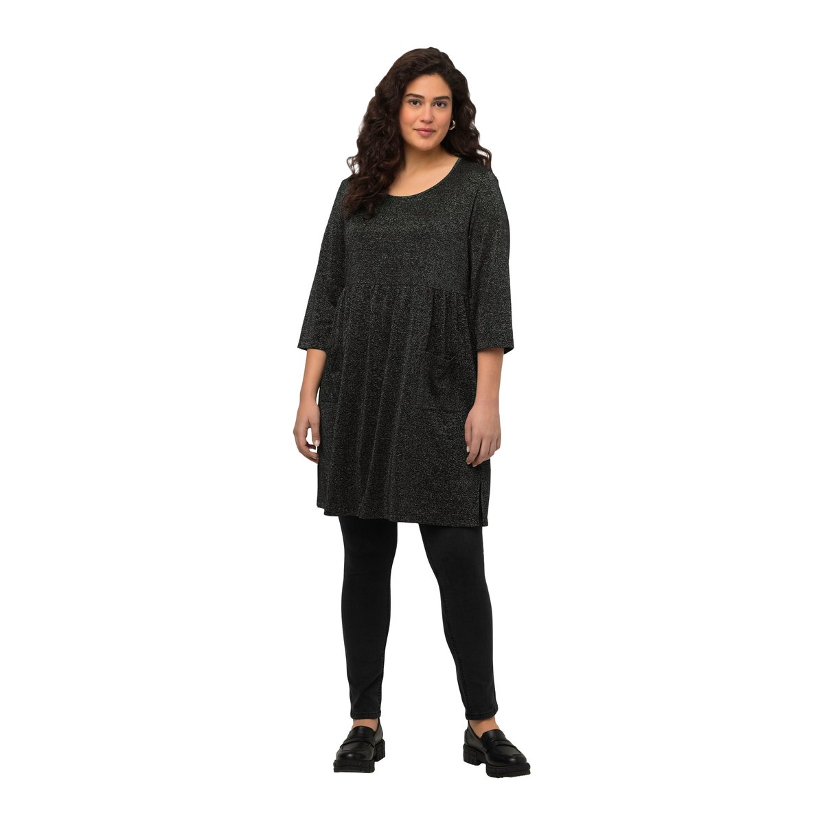 T-shirt long à col rond et manches 3/4 noir, ULLA POPKEN