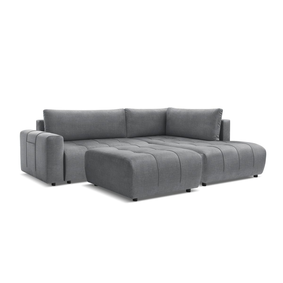 Canapé d'angle convertible 4 places en velours avec pouf, ARSENE gris foncé, BOBOCHIC