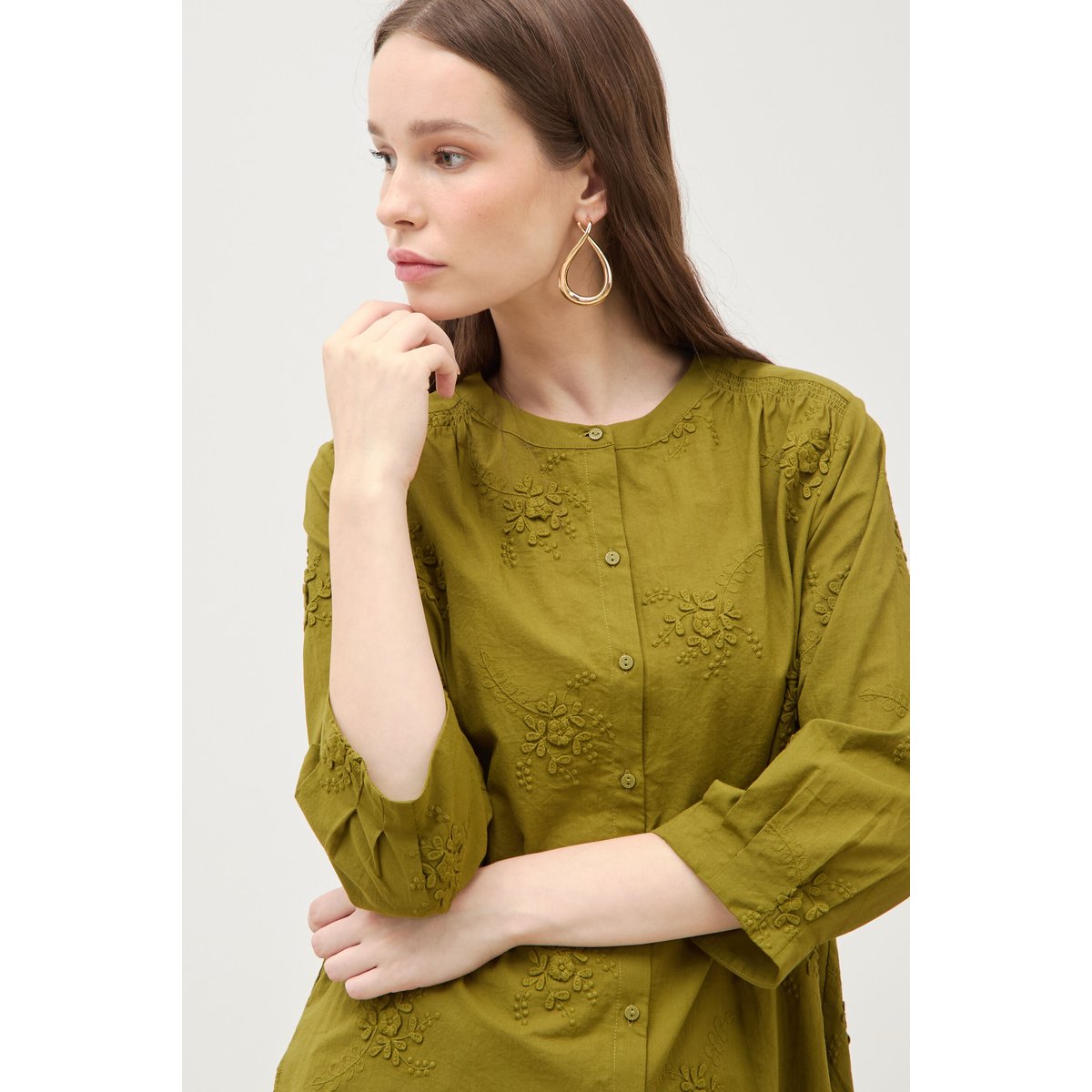 Chemise en coton manches 3/4 vert kaki, BONOBO